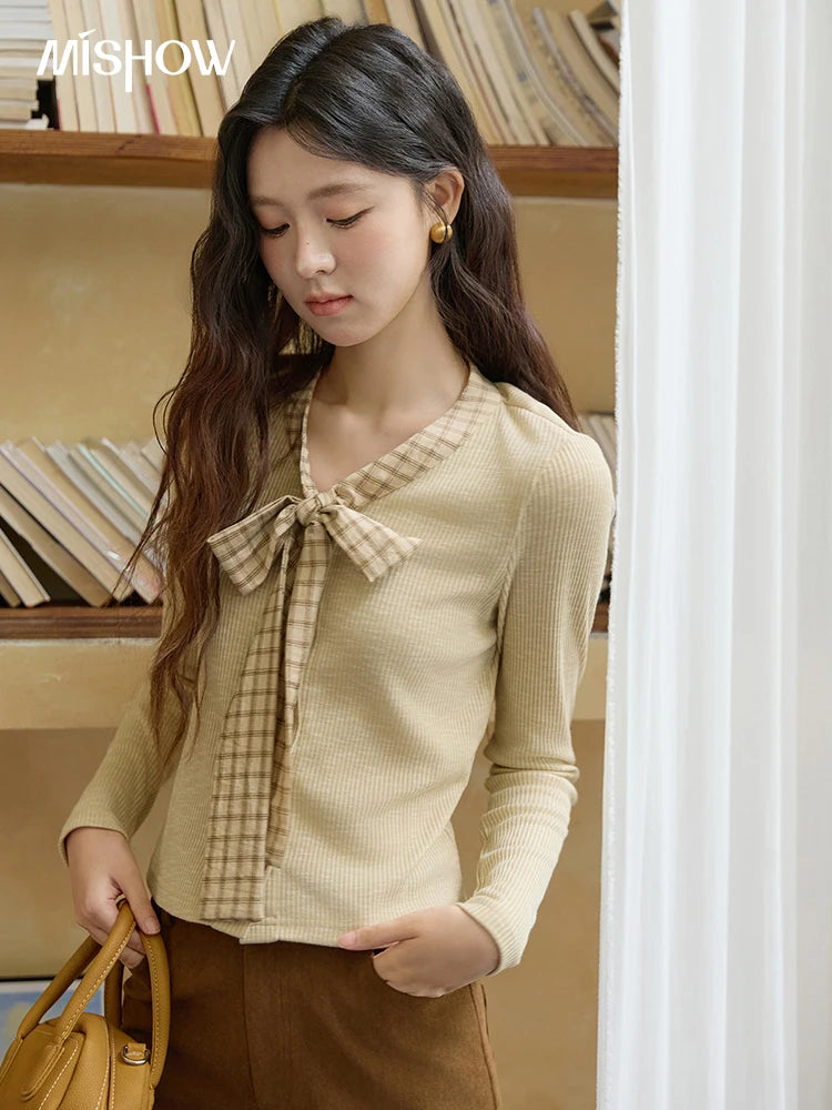 MISHOW Yellow Cardigan Women 2025 Autumn Vintage Plaid Bowknot V-neck Long-sleeve Knitted Top Commute Slim Sweater MXE16Z1168