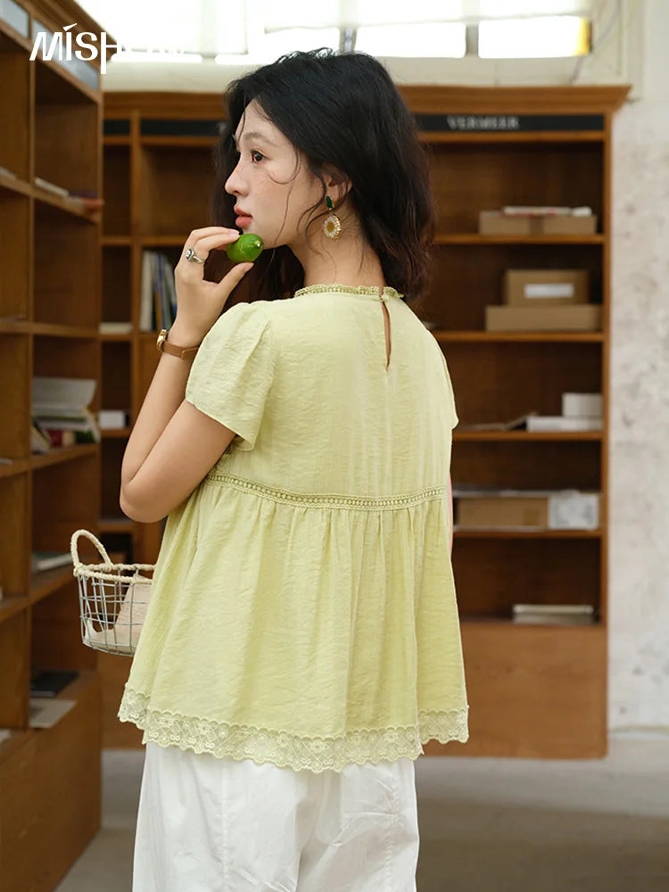 MISHOW Women's Fashion Round Neck Blouse 2025 Summer New Short Sleeve Mushroom Edge Lace Decoration Female Casual Top MXE39X1887