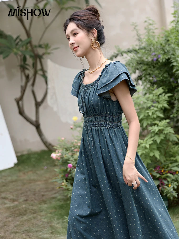 MISHOW Lace Up Flying Sleeve Polka Dot Dress Summer 2024 High Waist Pleated Long Dresses Square Neck Denim Dress MXD30L2022