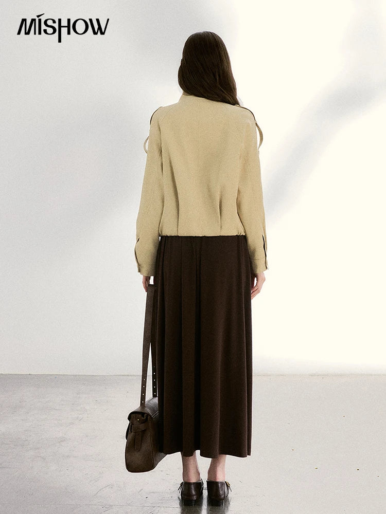 MISHOW Women's Khaki Cropped Short Leather Jacket 2026 Spring Lapel Stand Collar Double Breasted Casual Loose Coat MXF108W1000