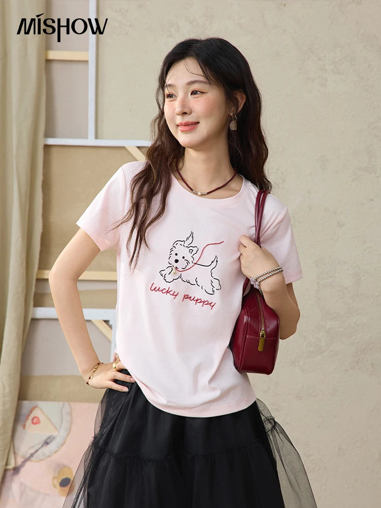 MISHOW Cute Printed Puppy Short Sleeve T-shirt 2025 Summer Round Neck Short Sleeved T-shirt Cotton Blend Casual Tees MXE36T0640