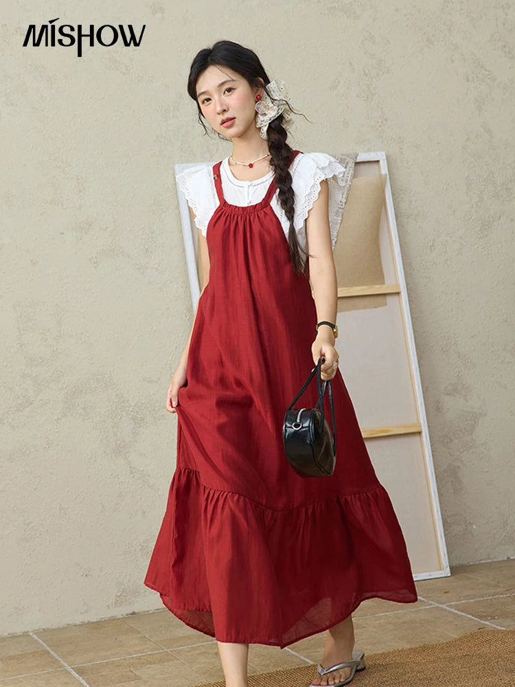 MISHOW Red Linen Strap Midi Dress Summer Sleeveless Casual Vacation Dress Hanging Neck Loose A-LINE Dress (Not A Set) MXE36L2309