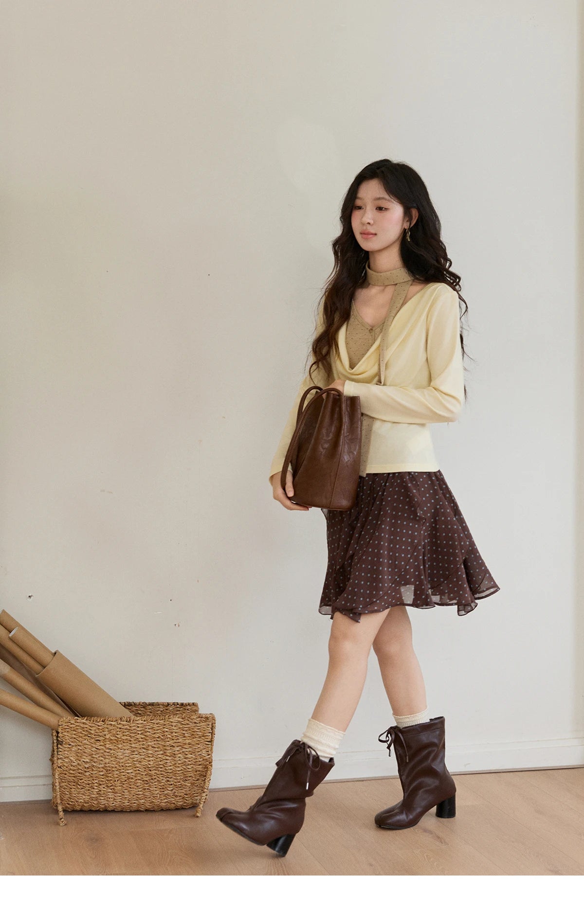 MISHOW Women's Wool Blend Fake Two Piece Draped Neck Knit Top 2026 Spring Wave Point Ribbon Contrast Color Casual Top MXF13Z2977