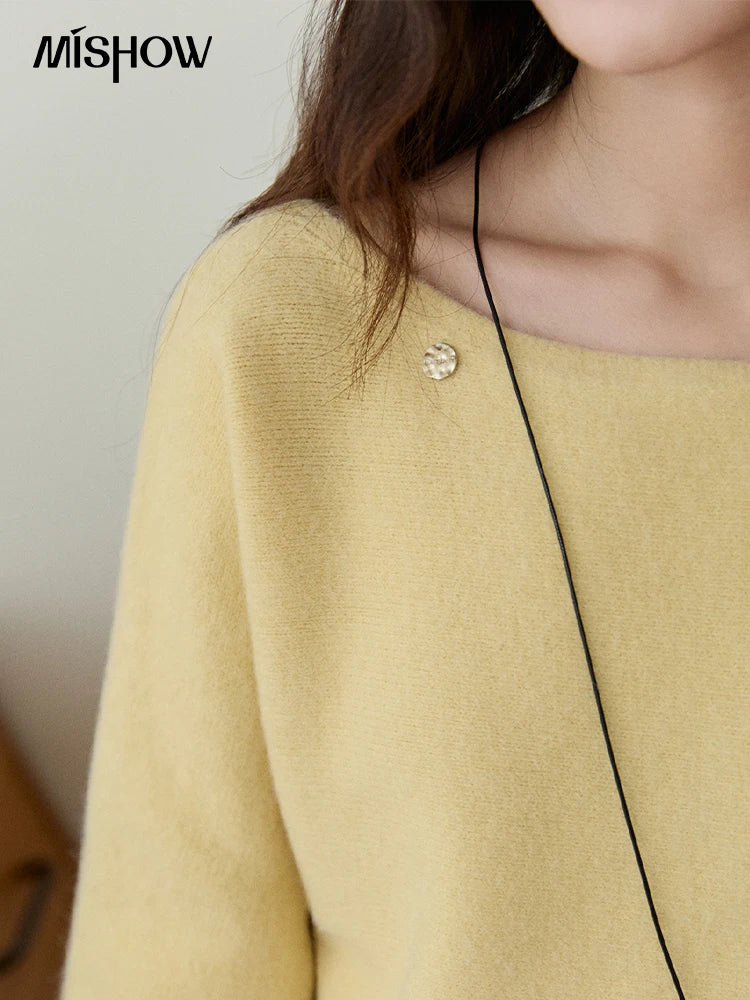 MISHOW Women's Solid Knitted Sweater 2025 Autumn Winter Boat Neck Lantern Sleeve Loose Sweater Soft Warm Pullover Top MXE94Z2984