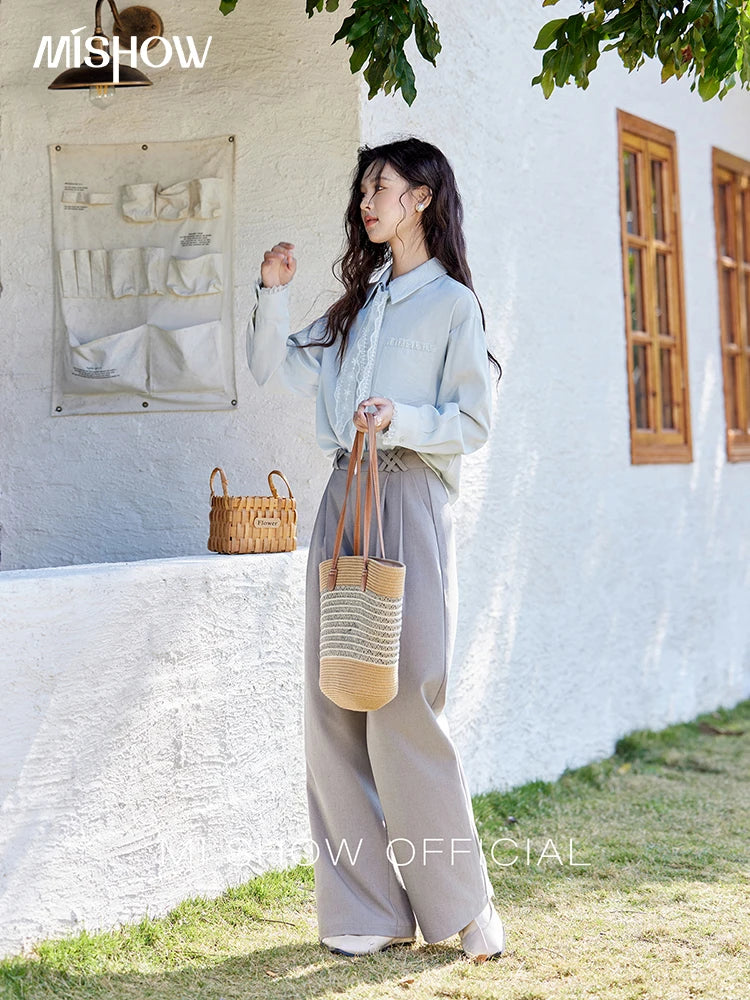 MISHOW French Spring Blouses Women 2025 New Long Sleeve Turn-down Collar Loose Shirts Female Fashion Lace Casual Tops MXE16C0760