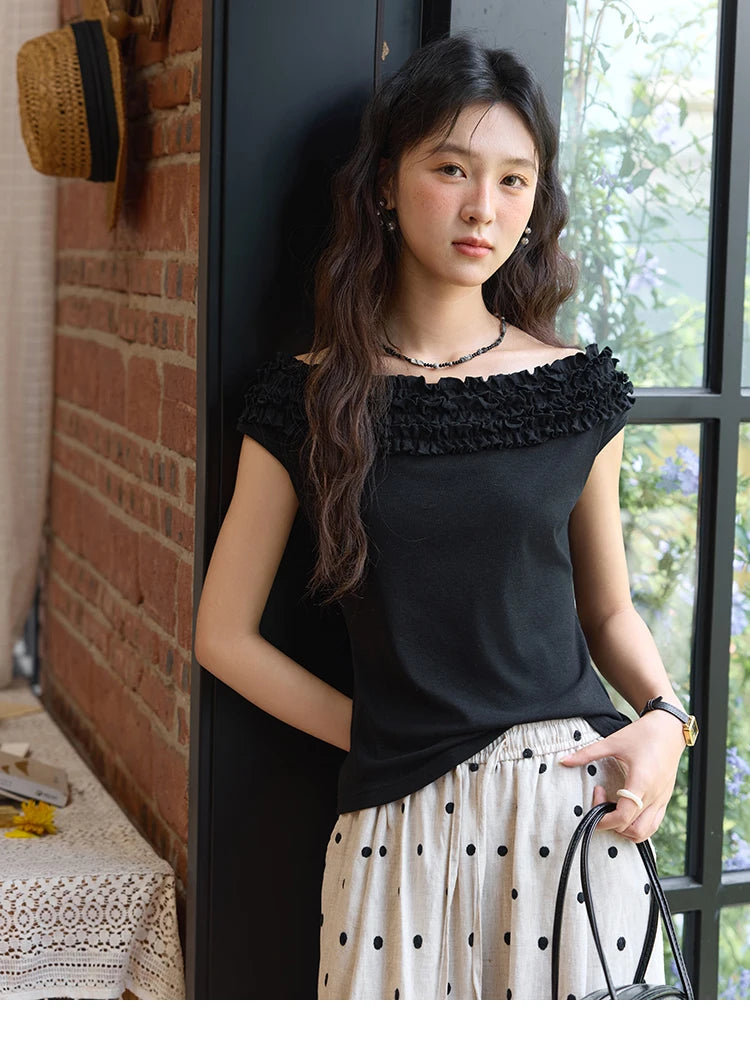 MISHOW French Stringy Selvedge One Neck T-shirt for Women Summer 2025 Raglan Sleeves Wool Short Top Sexy Solid Tees MXE34T0605