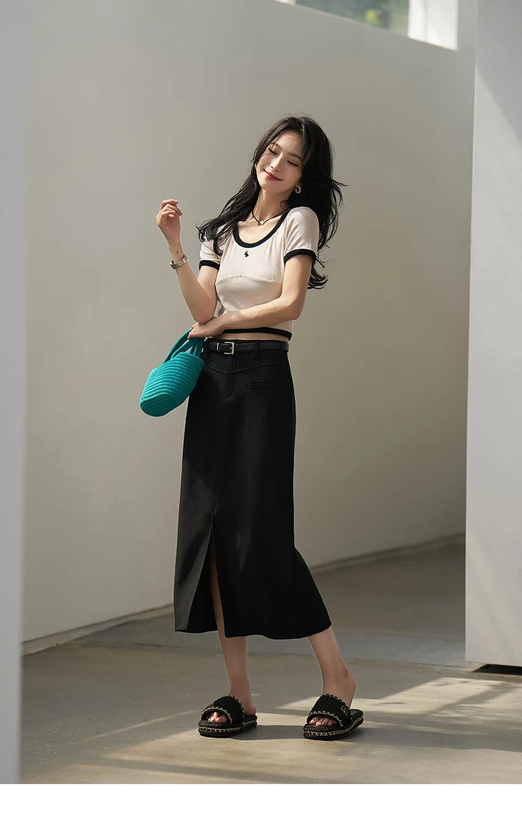 MISHOW Women's Suit Straight Midi Skirt 2025 Summer High Waist Slim Solid Front Fork Female Rear Elastic Waist Skirts MXC15B0026