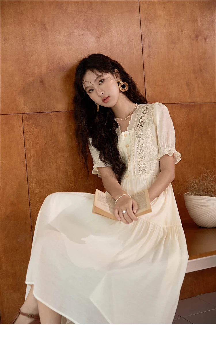 MISHOW Women's French Hollowed Out Embroidery Dress 2024 Summer Elegant Slim Fairycore Dress Waist Mid Length Dresses MXD31L1981