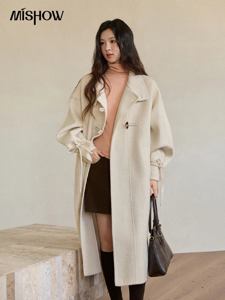 MISHOW Women's Long Coats 2025 Winter Yellow Double-faced 100% Wool Coat Windproof Lantern Sleeve Turtleneck Coat MXE51W0902