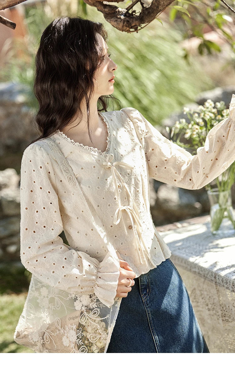 MISHOW Hollow Lace Shirt for Women Spring 2025 French Retro Lace100 Cotton Shirt V Neck Waist Elastic Cuffs Blouses MXE12X1710