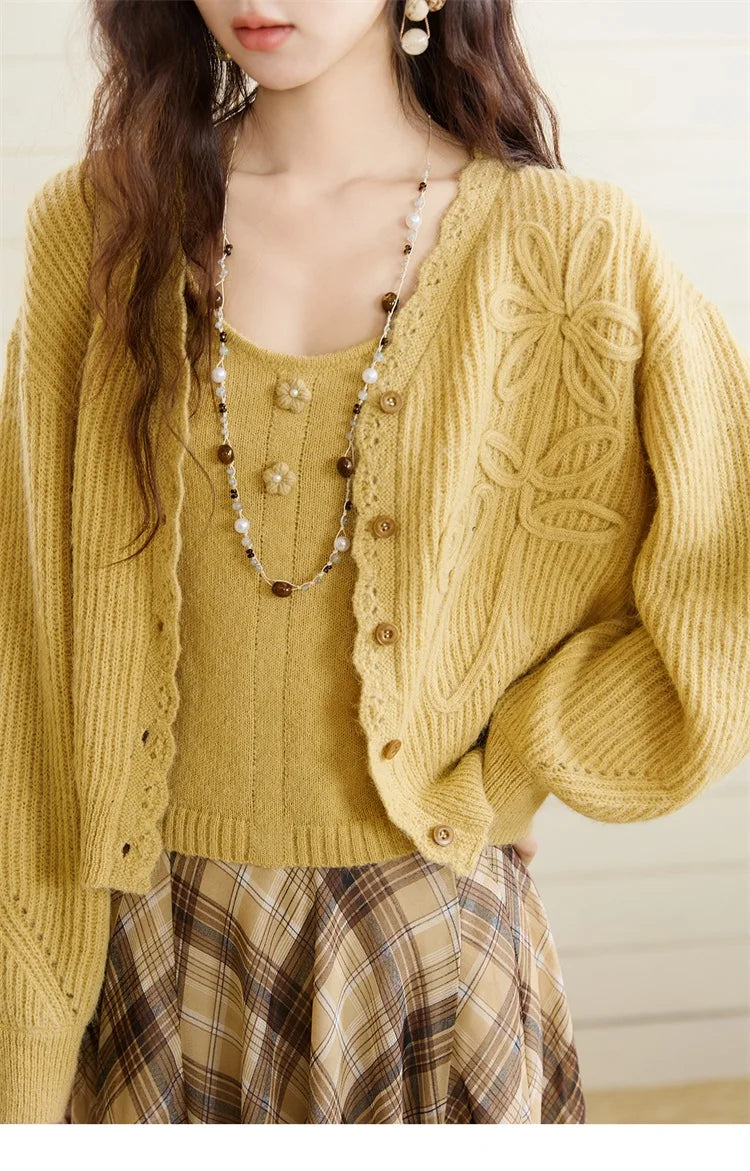 MISHOW Woman Two-piece 2025 Autumn Casual Yellow V-neck Knitted Cardigan Slim Fit Camisole Elegant Commute Top MXE45T0742