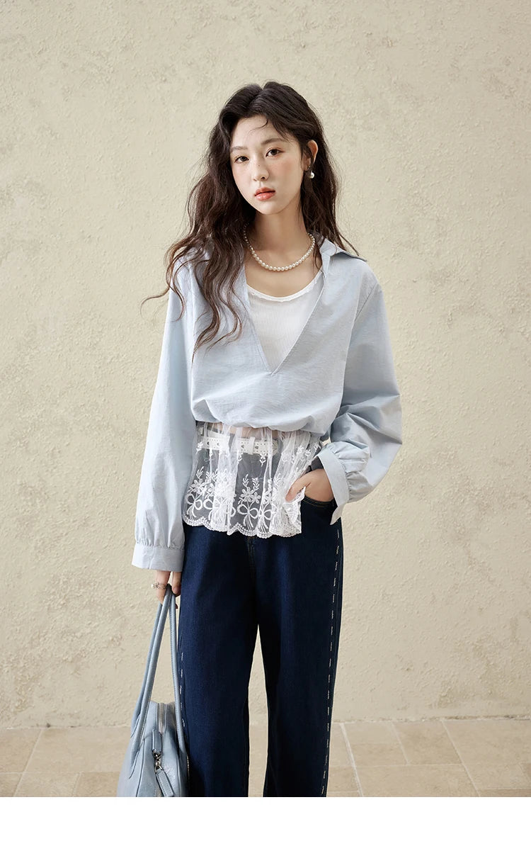 MISHOW French Spring Shirts Women 2025 Long Sleeve Turn-down Collar Fake Two-piece Blouses Female Splicing Lace Tops MXE16C0783