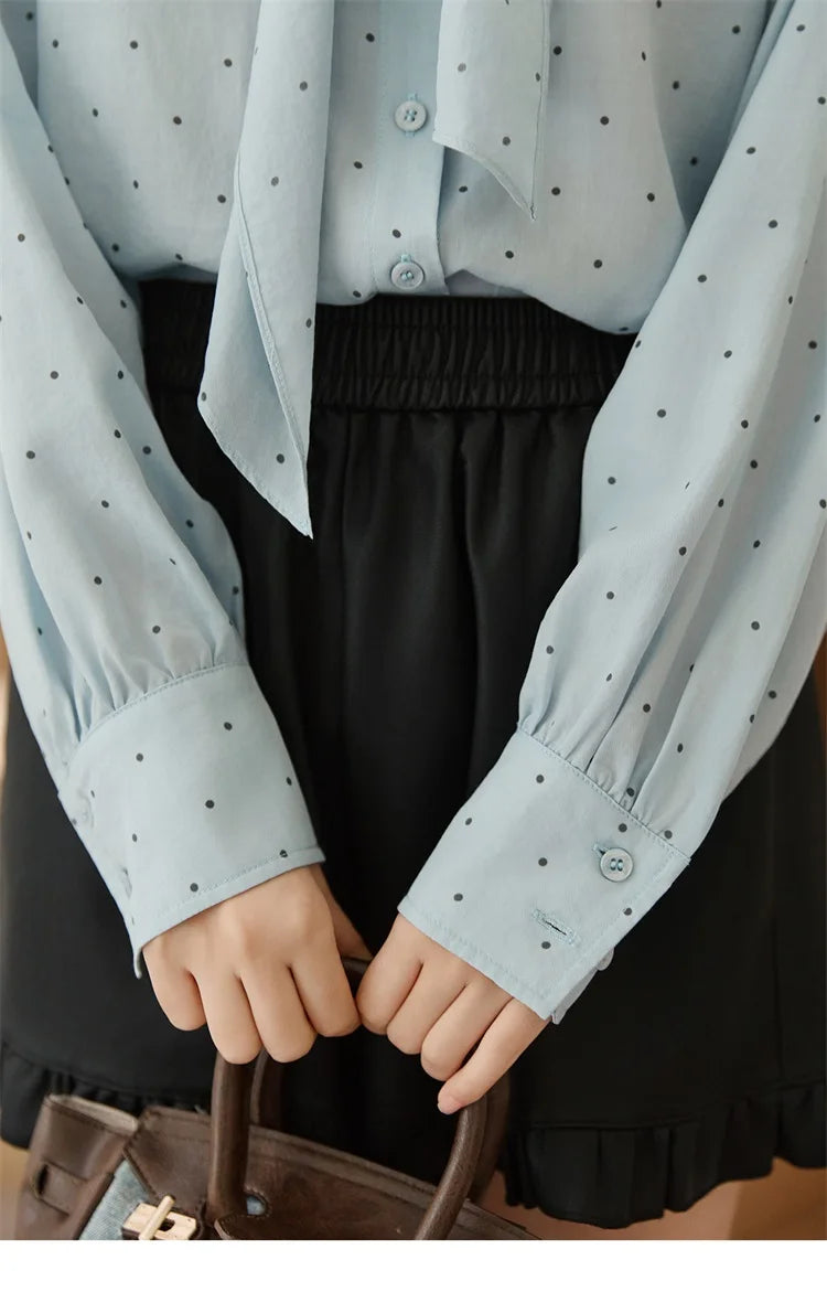 MISHOW Women's Casual Shirt 2025 Autumn French Vintage Blue Polka Dot Shirt Bow Collar Long-sleeve Top Women's Clothe MXE45X2475