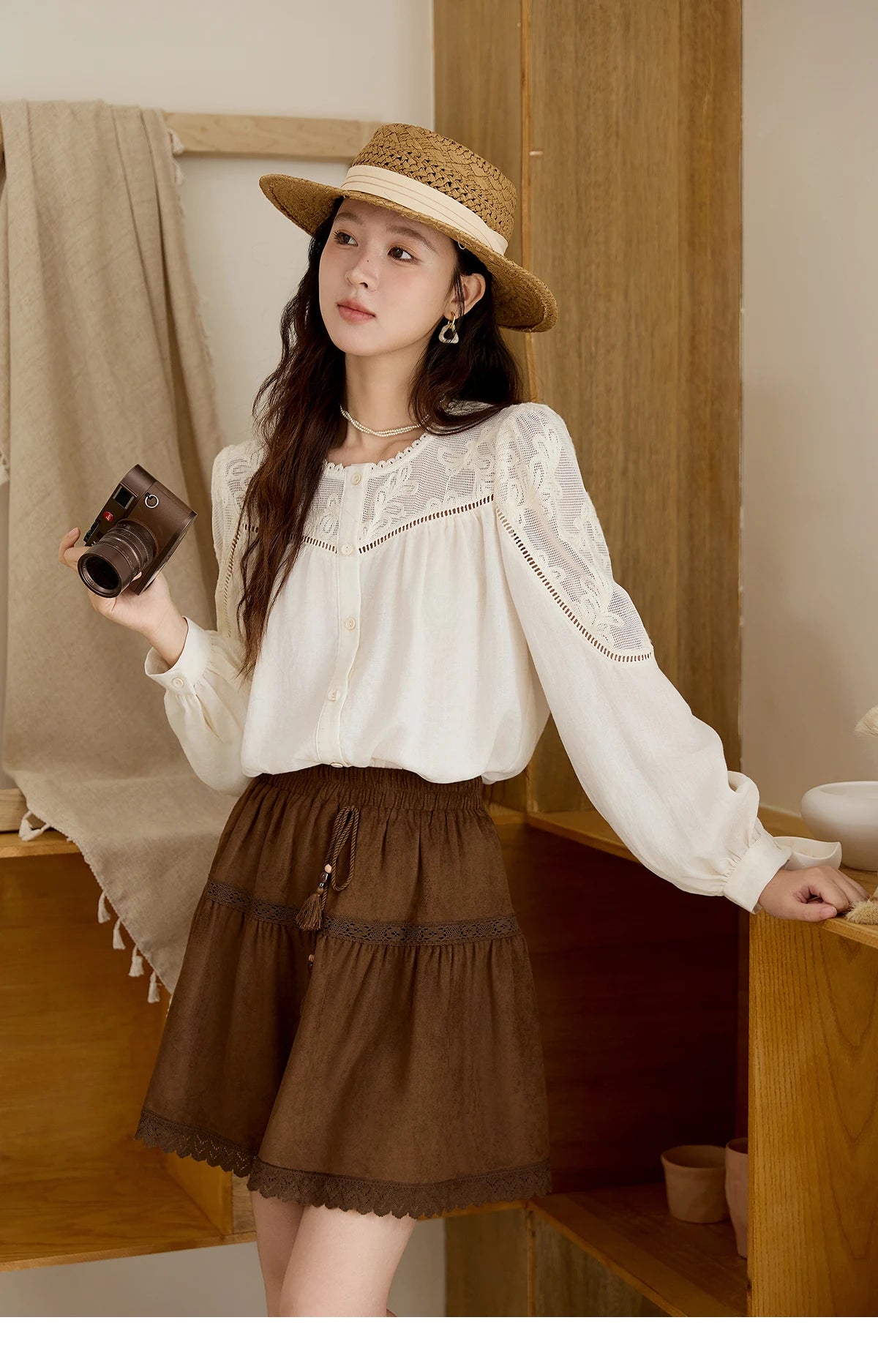 MISHOW Women's Beige Hollow Out Embroidery Shirt Autumn French Elegant Long Sleeve O-Neck Shirts Retro Commute Tops MXE44X2498
