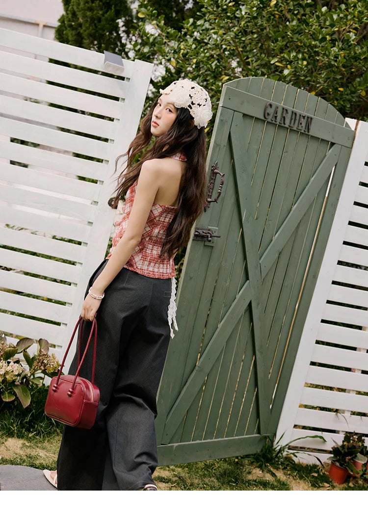 MISHOW French Retro Red Grid Hanging Neck Blouse for Women Summer 2025 Ruffled Edges Backless Blouses Vacation Top MXE34X1785