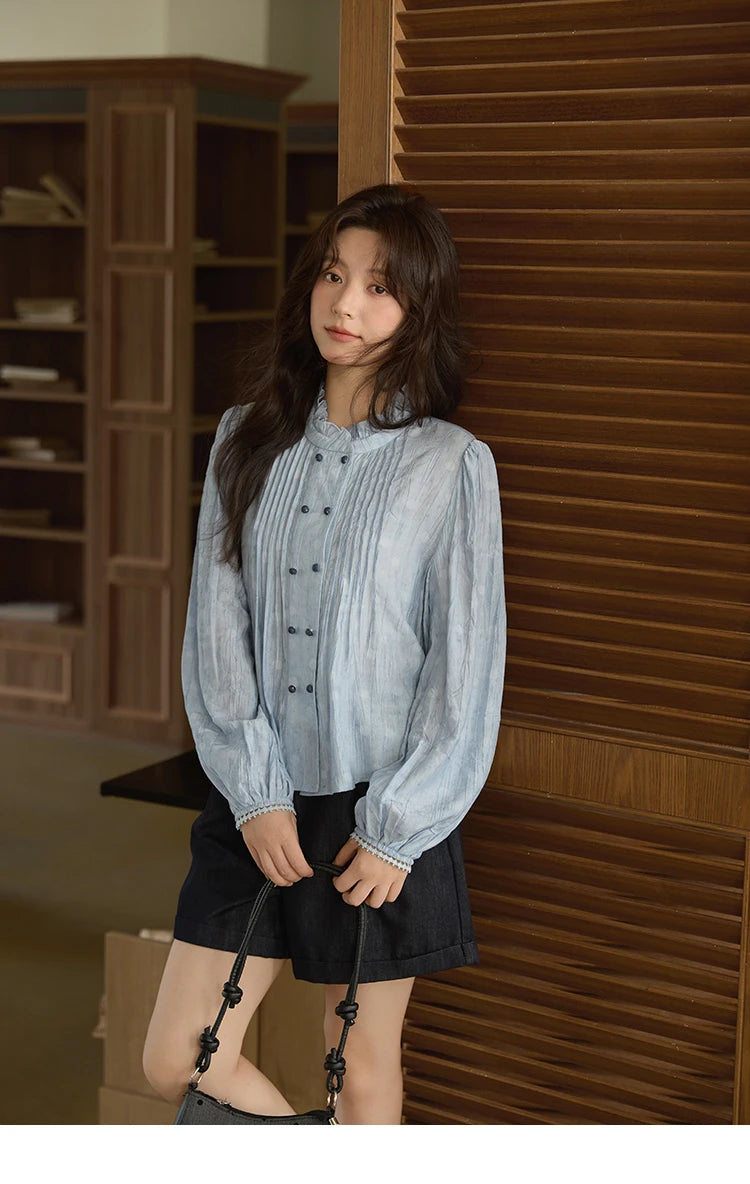 MISHOW Women's Shirt 2025 Autumn Blue Polka Dot Chiffon Loose Shirt Stand Collar Double Row Buckle Lantern Sleeve Top MXE41X1926