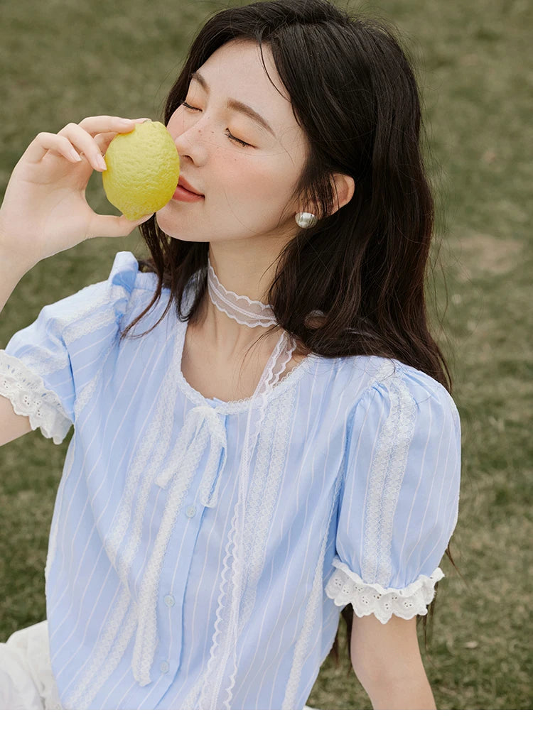 MISHOW French Striped Summer Blouses Women 2025 New Short Puff Sleeve Round Neck Lace Patchwork Shirts Fashion Tops MXE32X1759