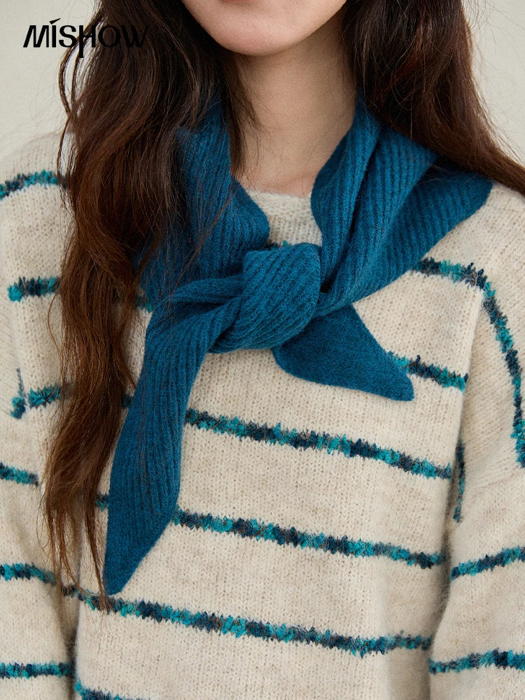 MISHOW Women's Blue Striped Sweater 2025 New Alpaca Wool Shawl Scarf Set Retro Loose Casual Knit Top Winter Clothes MXE90Z2821