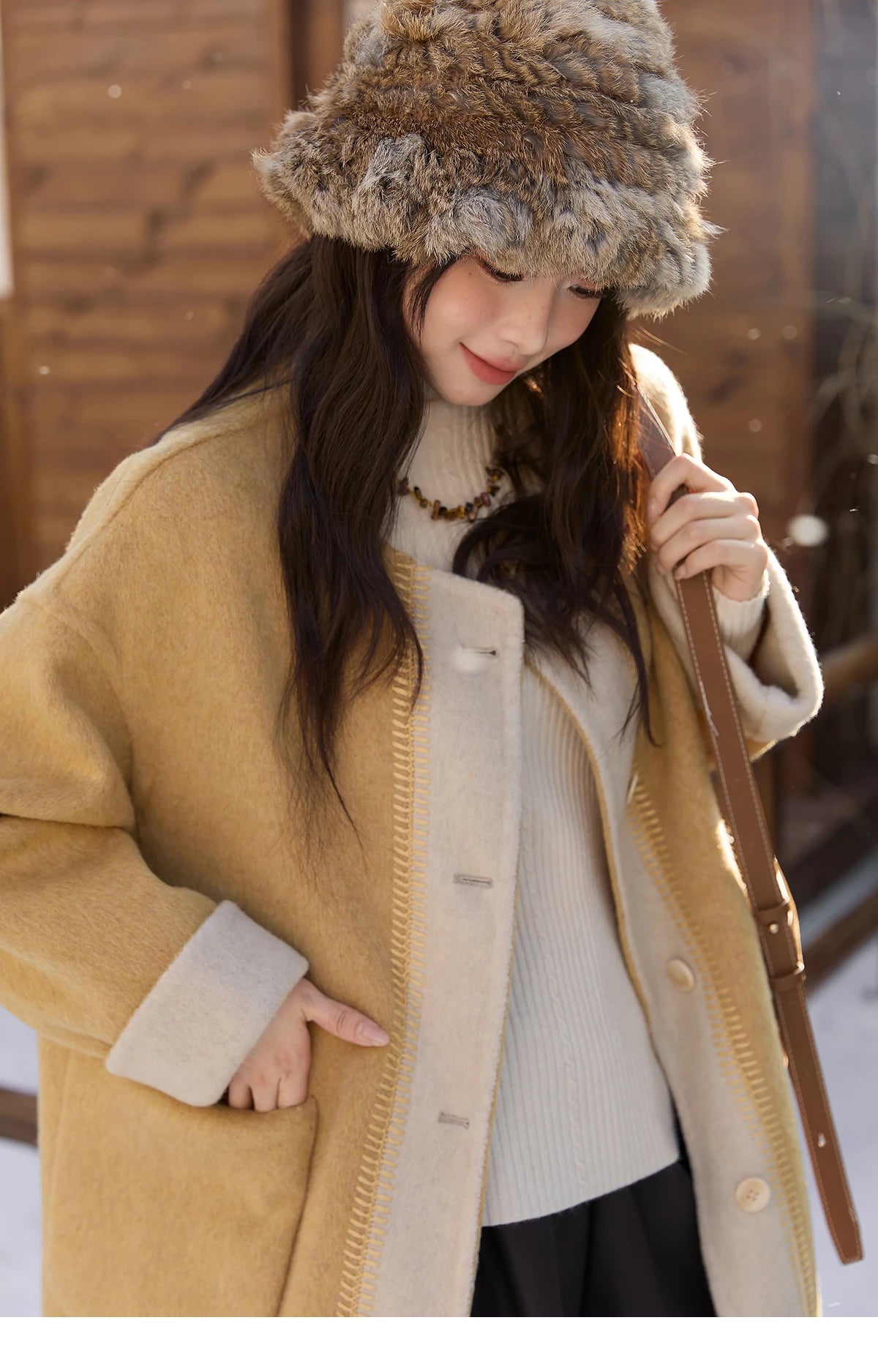 MISHOW Yellow Double-faced Wool Coat for Women 2025 Winter New Retro Contrast Color Slim Crew Neck Pockets Wool Coat MXE51W0915