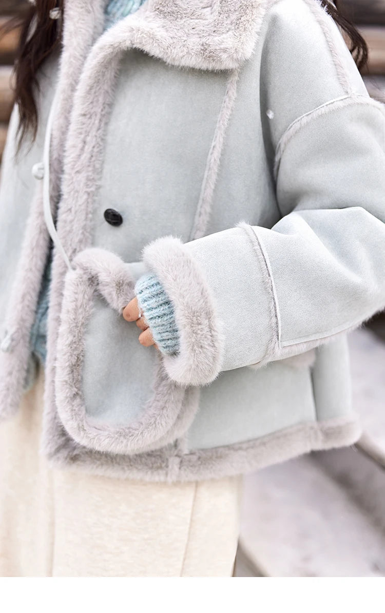 MISHOW Leather Fur Coat Fur Collar with Bag Women Winter Clothes Suede Plush Jacket Pocket Soft Thickened Warm Tops MXD57W0737