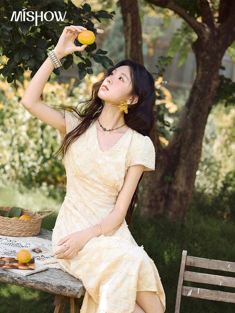 MISHOW Women's V-neck Lace Spliced Dress 2025 Summer New Embroidery Vacation French Style Jacquard Mid-Length Dresses MXE38L2378