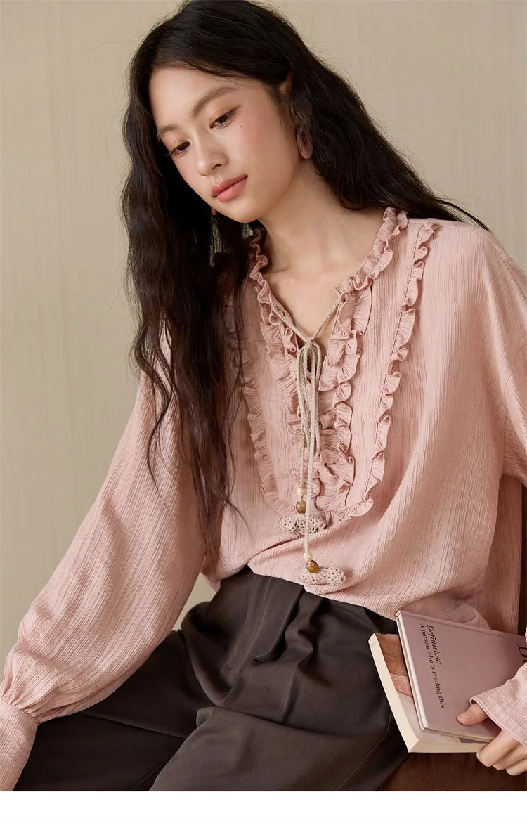 MISHOW Women's Pink Blouse 2025 Autumn Elegant Fold Edge V-collar Bubble Sleeve Top Loose Casual Commute  Blouses MXE45X2485