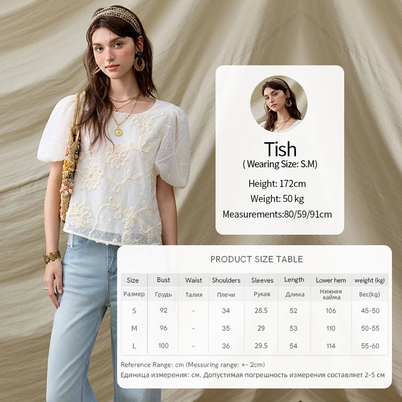 MISHOW French Summer Blouses Women New 2025 Short Puff Sleeve Round Neck Jacquard Flower Slim Shirts Woman Versatile MXE32X1772