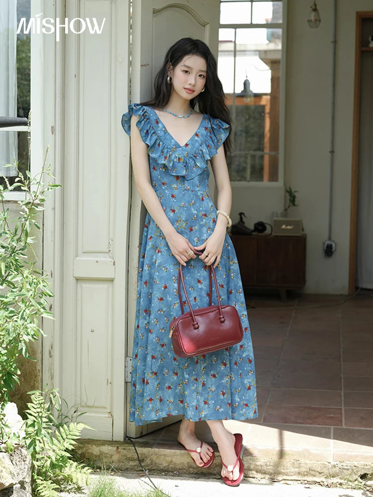 MISHOW Women's Fashion V-neck Ruffled Floral Dress Summer 2025 Flying Sleeve Waist Lace Up Casual Vacation Dresses MXE39L2436