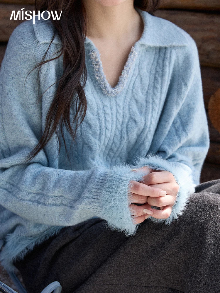 MISHOW Luxury Women's Sweaters 2025 Winter Blue Polo Collar Cable Knit Faux Mink Pullovers Loose Commute Tops Lady MXE88Z2756