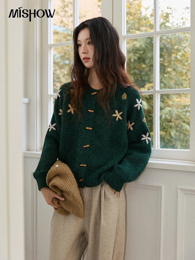 MISHOW Women's Winter Cardigan 2025 New Retro Flower Embroidery Green Knitted Cardigan Casual Long-sleeved Tops MXE86Z2729