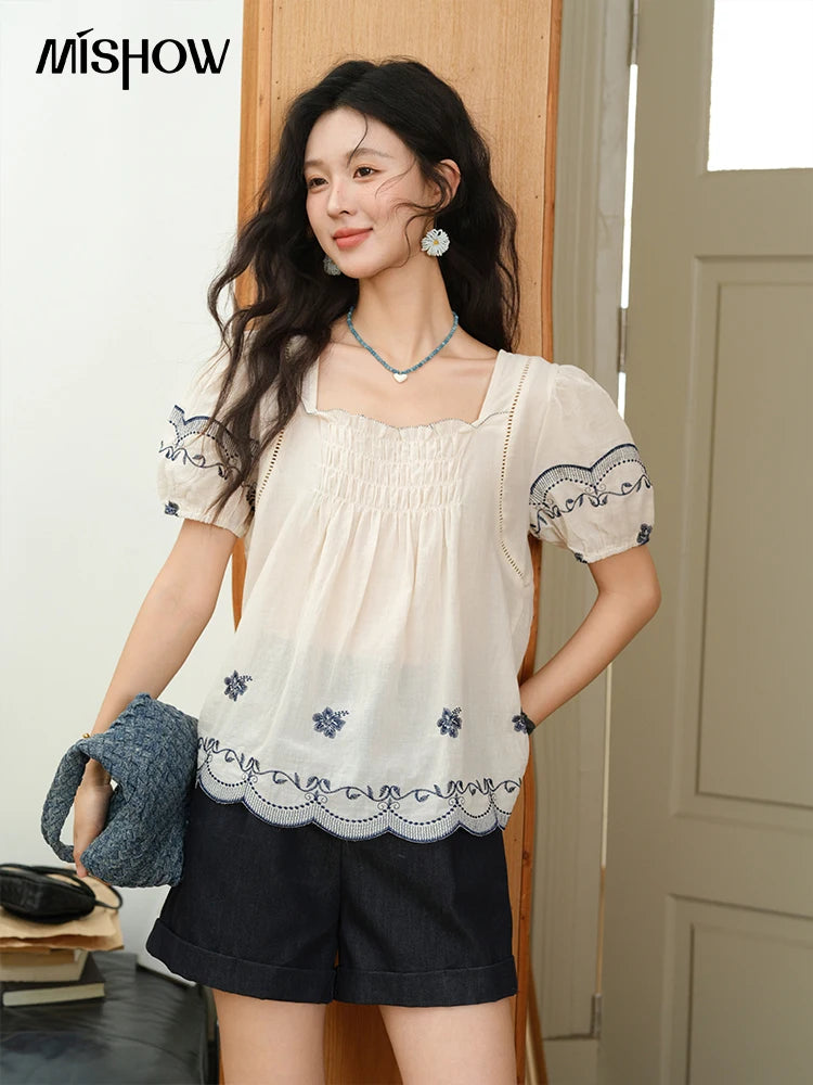 MISHOW Square Neck Puff Sleeve Women's Blouse 2025 Summer Fashion Flower Embroidery Hollow Out Blouse Female Clothing MXE39X1953