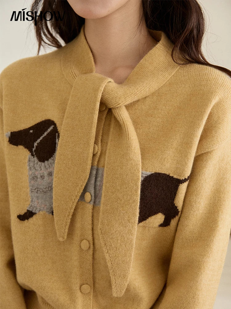 MISHOW Women's Pink Knit Cardigan 2025 Autumn Winter Dachshund Pattern Bow Collar Sweaters Single-breasted Loose Tops MXE94Z2997
