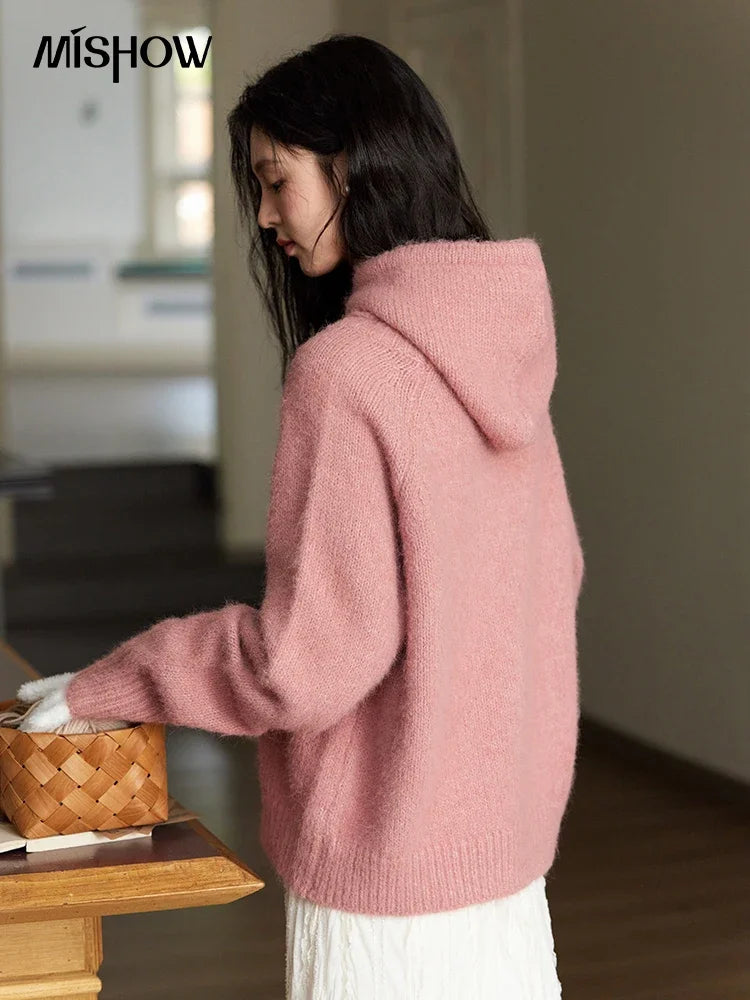 MISHOW Knitted Sweater Hooded Neck Warm Wool for Women 2025 Autumn Winter Cozy Loose-Fit Casual Solid Pullover Top MXD59Z1123