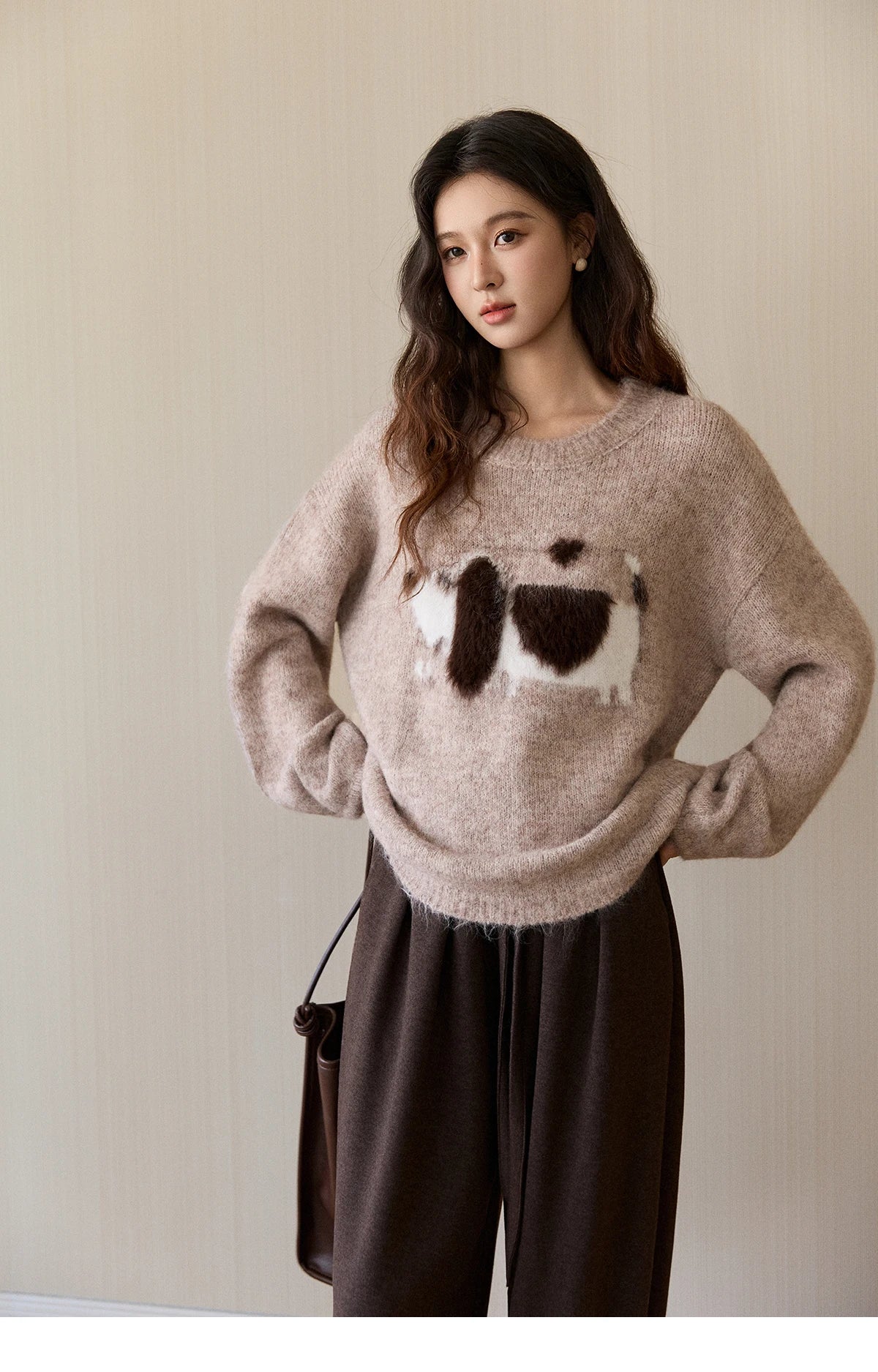 MISHOW Women's Solid Knitted Sweater 2025 Autumn Winter Dog Pattern Jacquard Crew Neck Fluffy Warm Loose Pullover Top MXE94Z2988