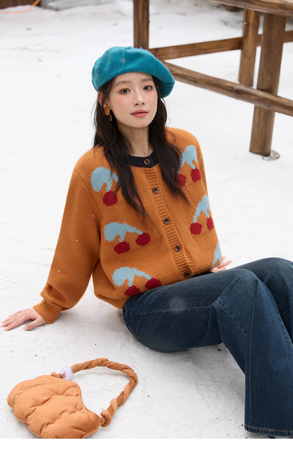 MISHOW Cherry Jacquard Knitted Cardigan for Women 2025 Winter Retro Sweet Round Neck Long Sleeves Sweater Commute Top MXE88Z2689