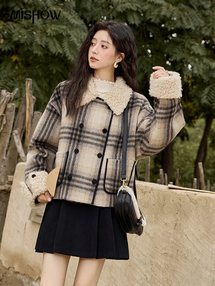MISHOW Retro Plaid Tweed Jacket Women Double-breasted Long Sleeved 2024 Winter New Fashion Lamb Wool Lapel Loose Coat MXD56W0536