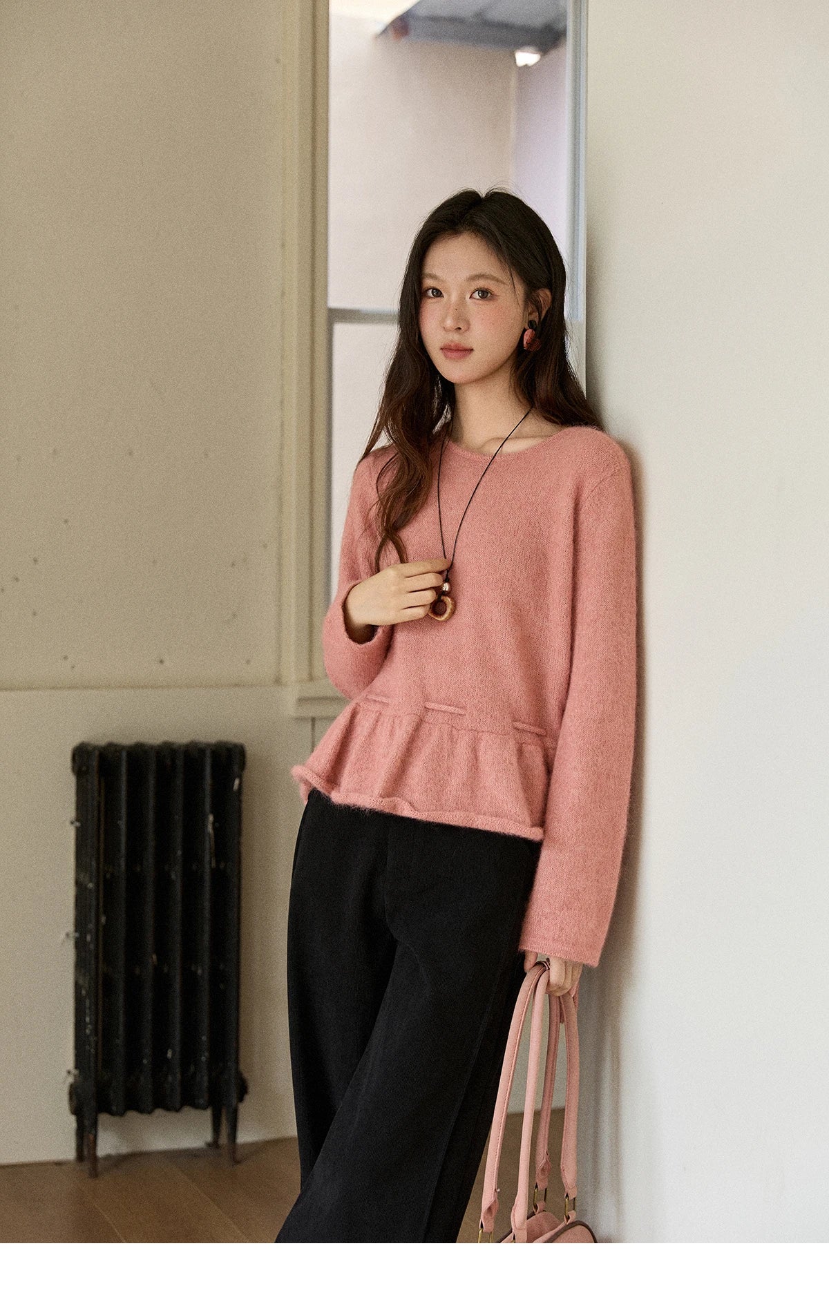 MISHOW Women's Pink Sweater 2025 Winter French Style Round Neck Knit Top Ruffled Hem with Drawstring Belt Pullover MXE90Z2824