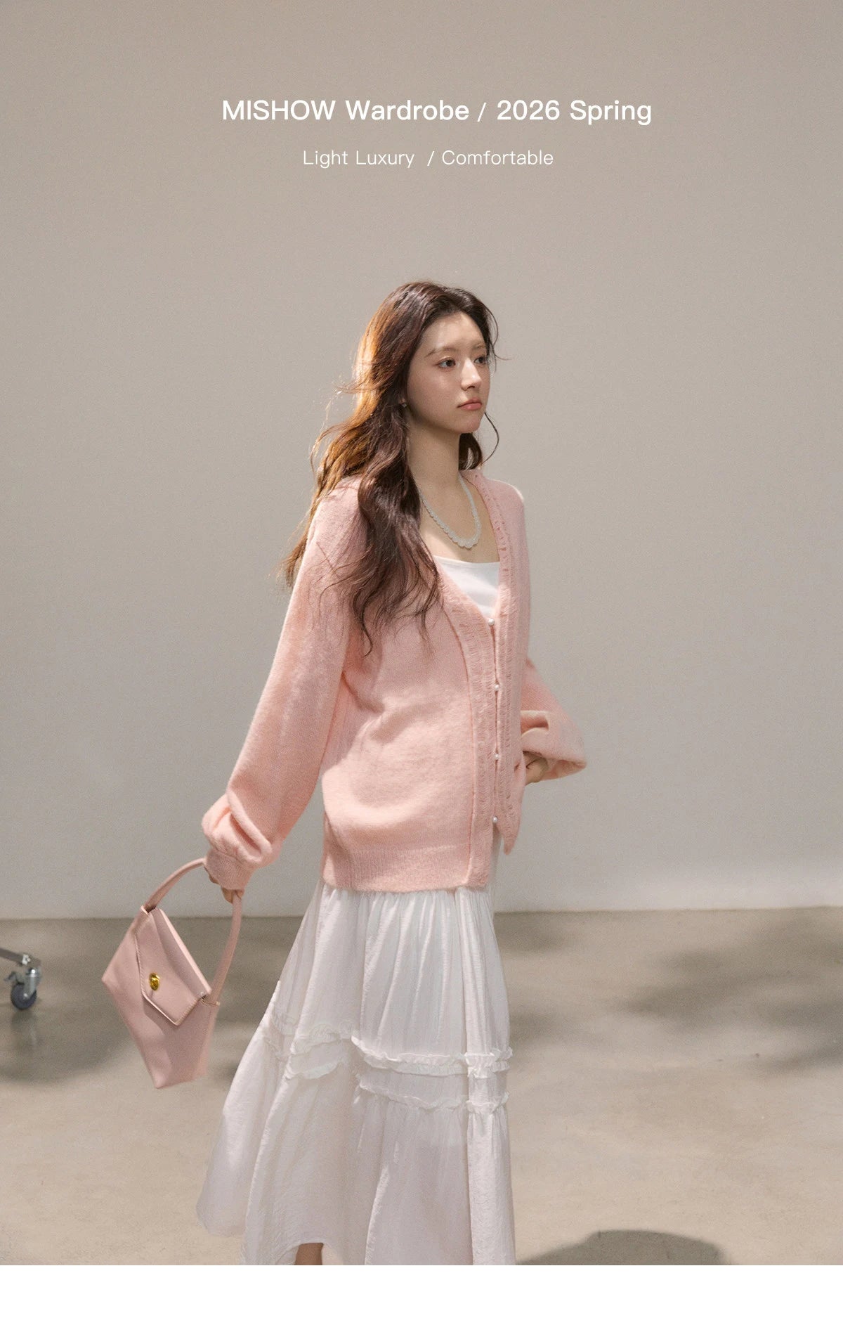 MISHOW Women's Pink Sweet Knit Cardigan 2026 Spring V-Neck Ruffled Trim Pearl Button Cardigans Loose Knitted Sweater MXF108Z1028