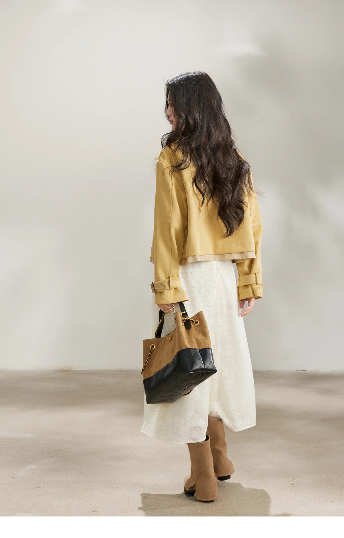 MISHOW Women's Yellow Double-Breasted Trench Stand Collar Coat Adjustable Cuffs Splicing Striped Hem Casual Outerwear MXF11W1026