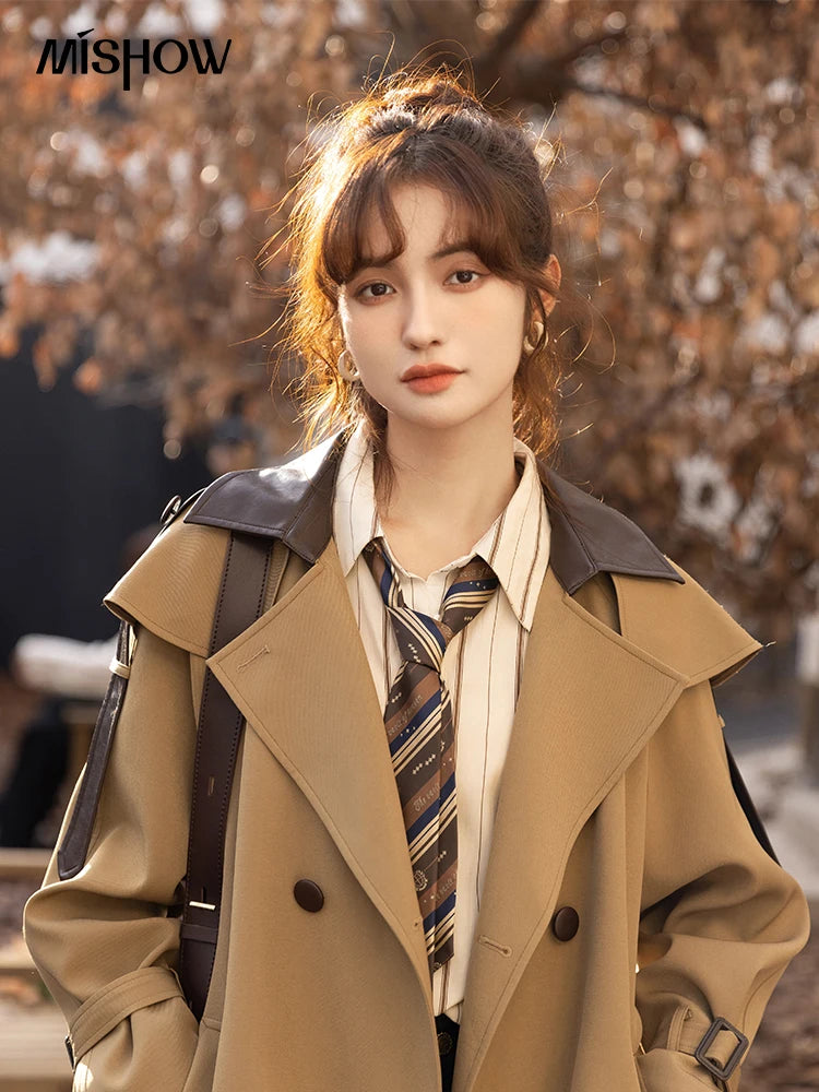 MISHOW Trench Coats for Women Autumn Korean Office Lady Polo Collar Patchwork Long Mid-length Jacket Female Outerwear MXB33W0399