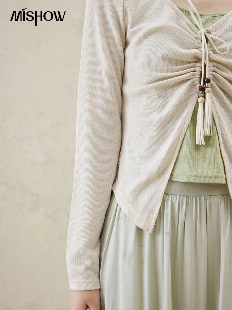 MISHOW Women's Fake Two Patchwork Knitted Spring 2025 Contrast Drawstring Strap Lace-up Tops Retro V-neck Thin Top MXE15Z1185