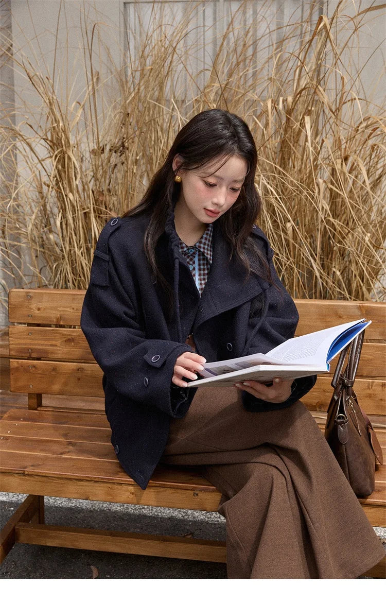 MISHOW Retro Blue Plaid Shirt for Women 2025 Autumn Winter Lapel Lantern Sleeves Ruffled Hem Top Slim Casual Shirt MXE89C2420