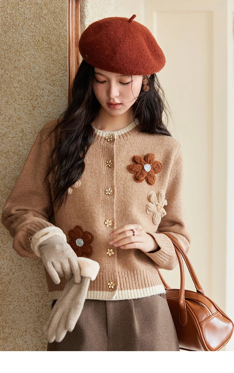 MISHOW Knitted Sweater Flower Pattern Cardigan O-Neck Color Clash Design Warm Coat Metal Buttons Sweet Soft Tops MXD56Z0919