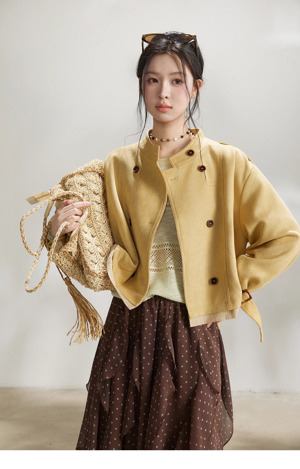 MISHOW Women's Yellow Double-Breasted Trench Stand Collar Coat Adjustable Cuffs Splicing Striped Hem Casual Outerwear MXF11W1026