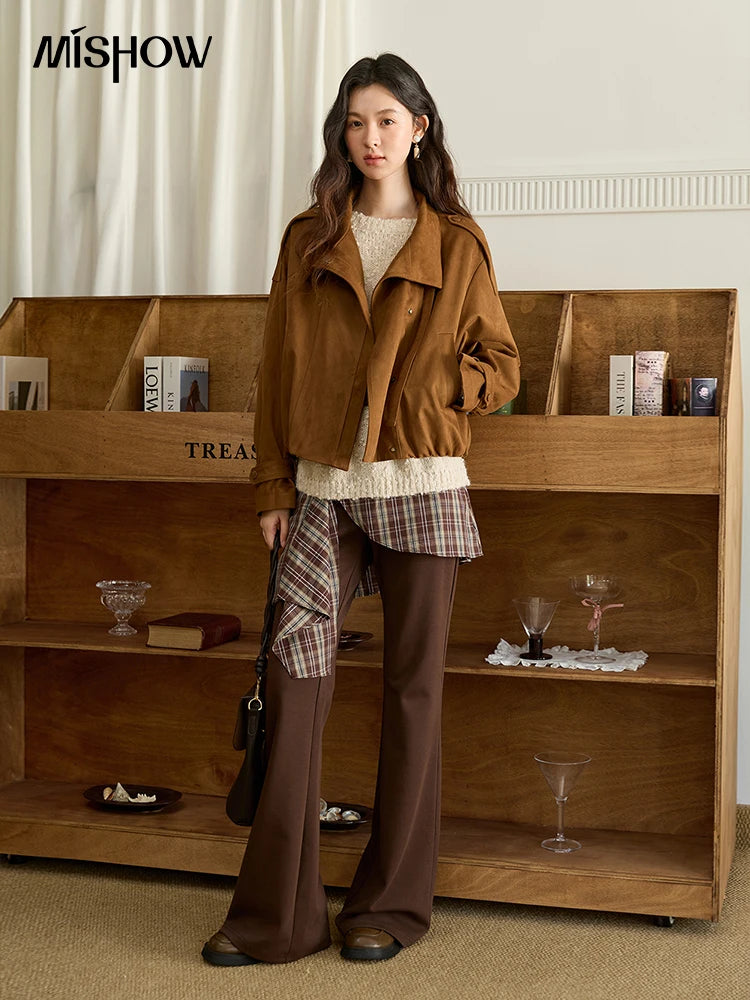 MISHOW Vintage Suede Short Jacket for Women 2025 Autumn New Casual Brown Lapel Zipper Jacket Pocket Decoration Top MXE45W0869