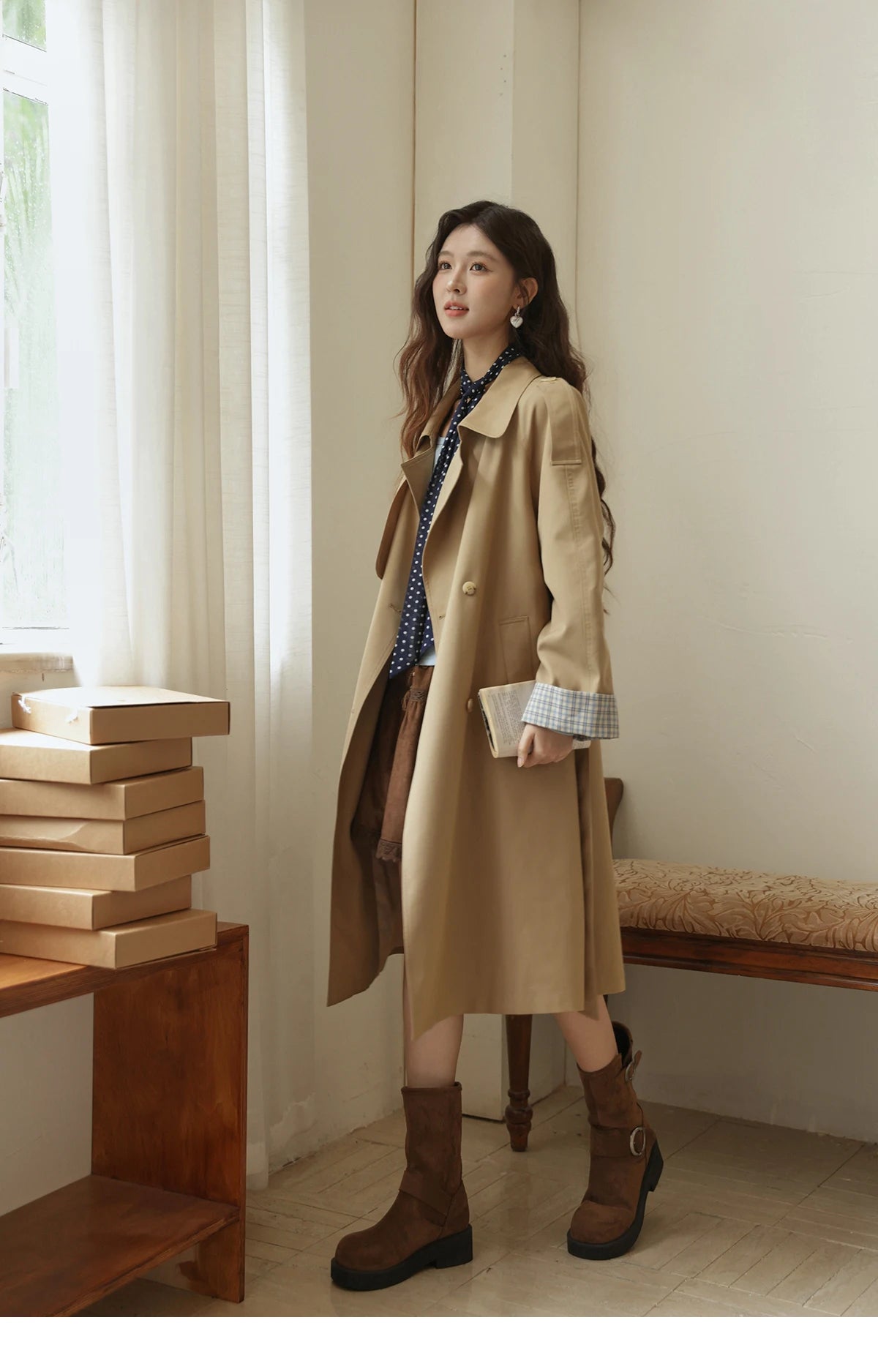 MISHOW Khaki Retro Plaid Flip Sleeve Trench Coat Autumn 2025 Double Breasted Belt Medium Length Trench Office Lady MXE44W0814