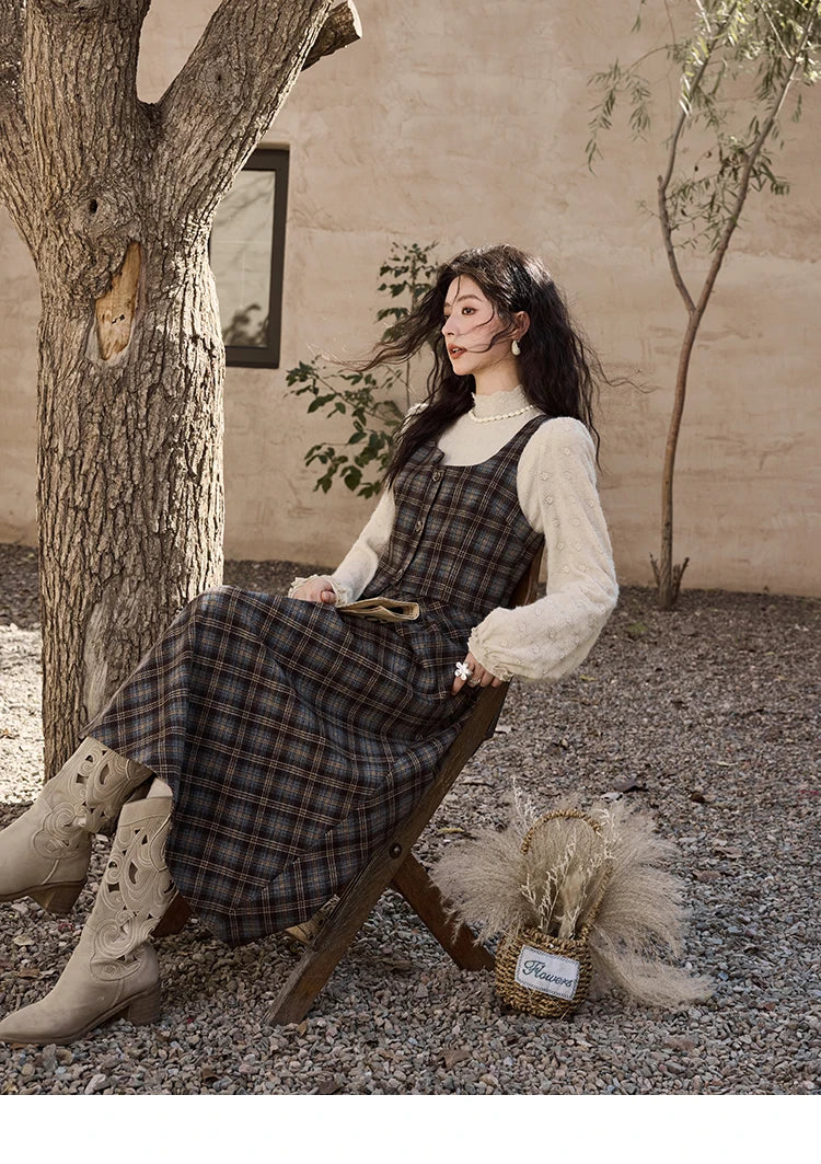 MISHOW Blue Plaid Vest Retro Skirt Separately Women 2024 Winter Retro Plaid Irregular Square Collar Top Midi Skirt MXD44W0454