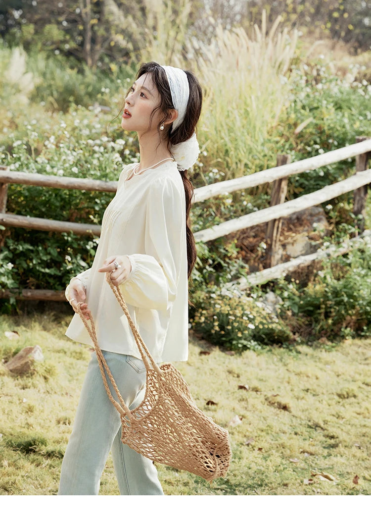 MISHOW Women's Lyocell Blouse 2025 Spring Summer Lace V-neck Commuting Top Puff Sleeve Solid Loose Blouse Office Lady MXE15X1735