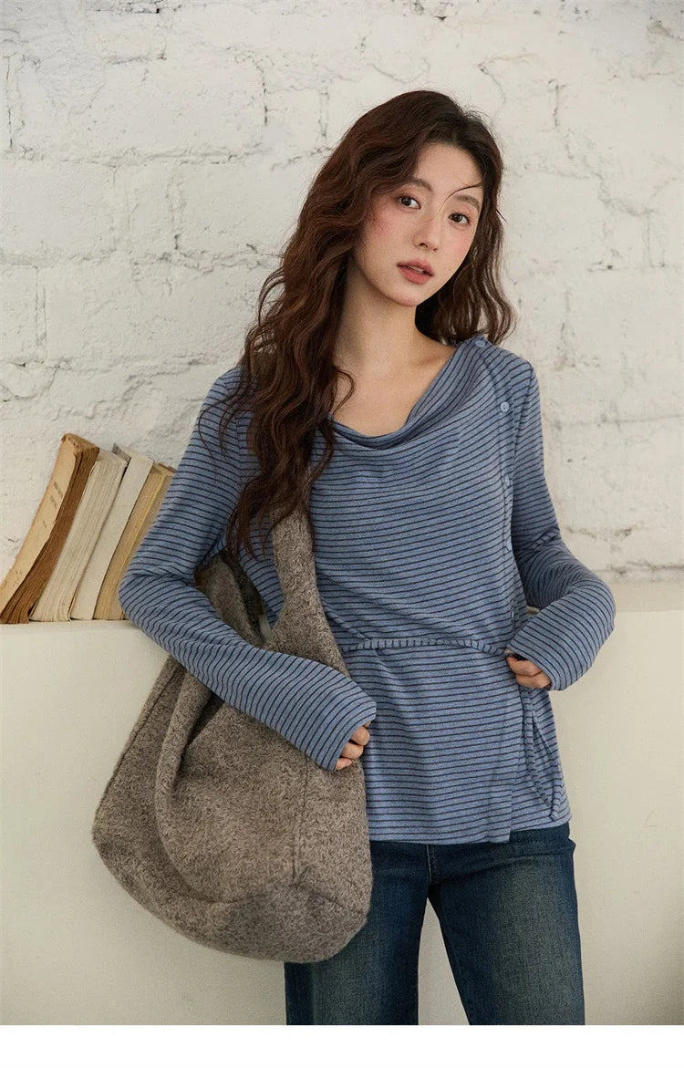 Mishow Retro Crew Neck Tie-Up Striped Top MXE87Z2700