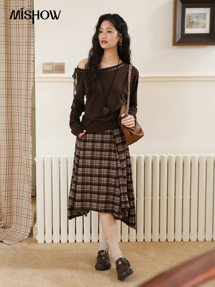 MISHOW Slant Shoulder Knitted Top for Women Autumn 2025 Drak Brown Plaid Strap Design Tops Casual Knitted Base Top MXE45T1402